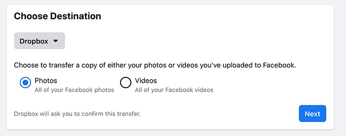 Transferir videos de fotos de Facebook