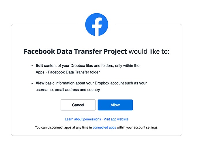 Transferir permisos de videos de fotos de Facebook