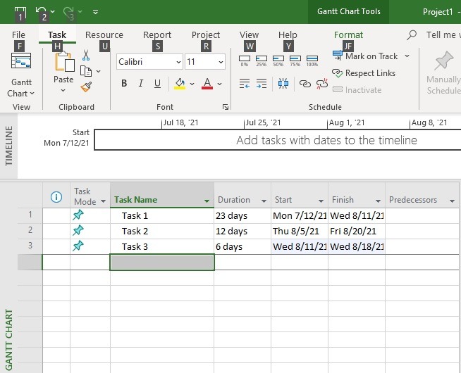 Cinta de teclado de accesos directos de Microsoft Project