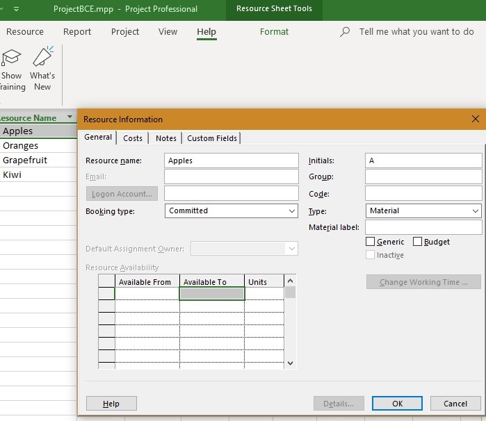 Información de recursos de visualización de Microsoft Project