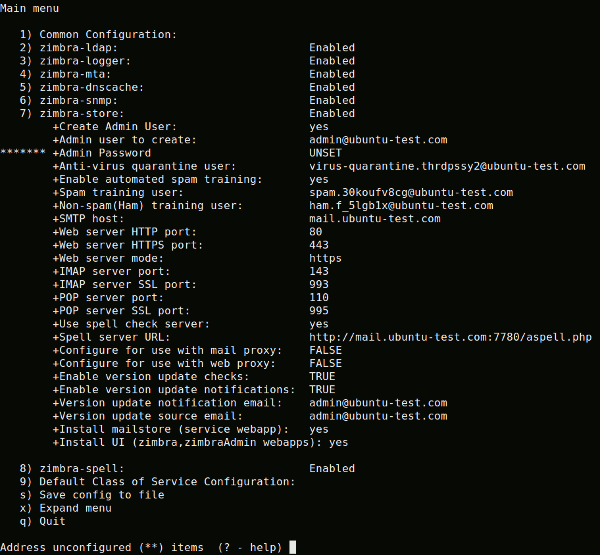 Menú principal de configuración de Zimbra