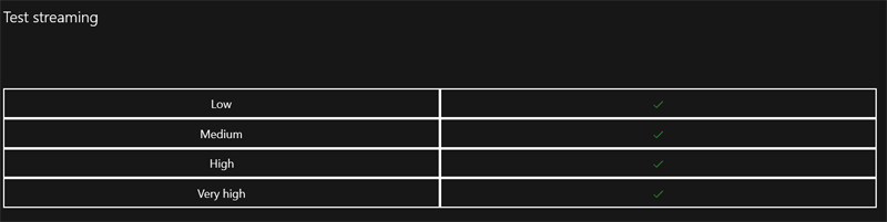 Resultados de la prueba de transmisión de la aplicación Xbox Windows