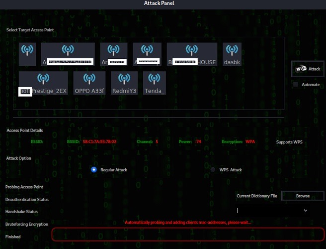 Lista de herramientas de penetración Kali Linux Fern Wi Fi Cracker Panel de ataque