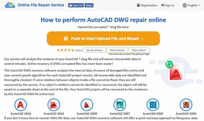 Pantalla principal de Recovery Toolbox Dwg Online