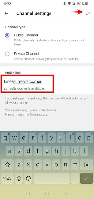 URL del conjunto móvil del canal de Telegram