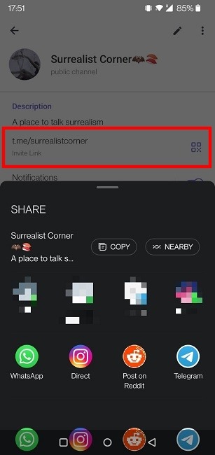 Canal de Telegram móvil Compartir enlace