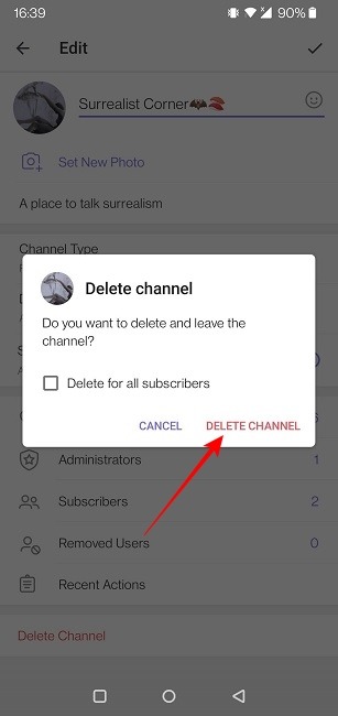 Telegram Channel Mobile Eliminar canal Confirmar