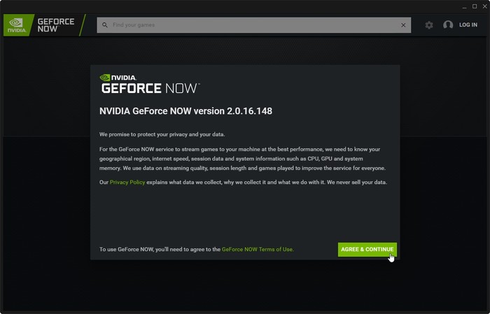 Acuerdo de cliente de transmisión de juegos de Geforce Now