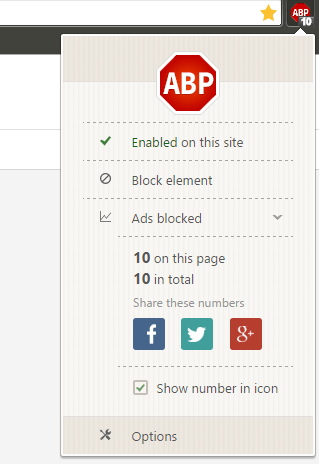 Interfaz en la página de AdBlock Plus