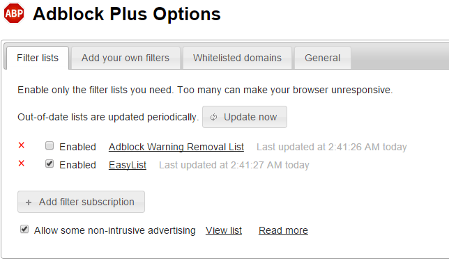 Página de opciones de AdBlock Plus.