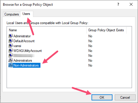 Política de grupo de no administradores de Windows Seleccionar no administradores