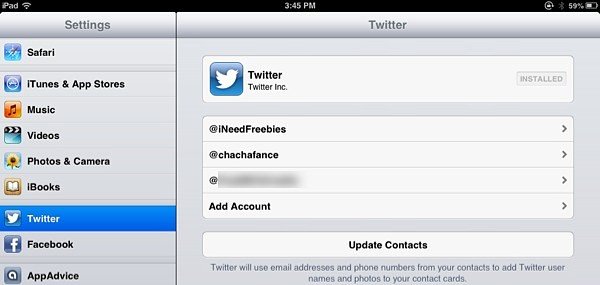 El menú de Twitter en la configuración de iOS.