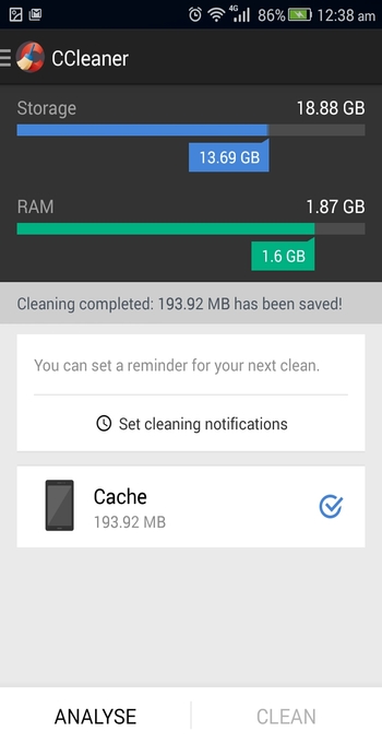 Limpieza de CCleaner para Android completada