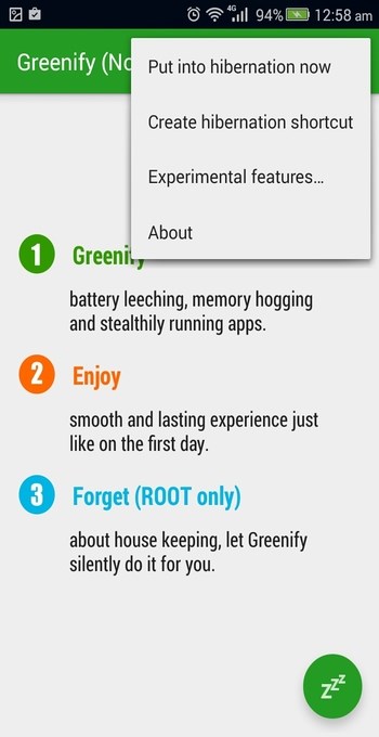 Menú Greenify para Android