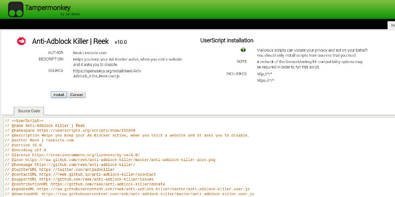 Agregue Anti-Adblock Killer a Tampermonkey