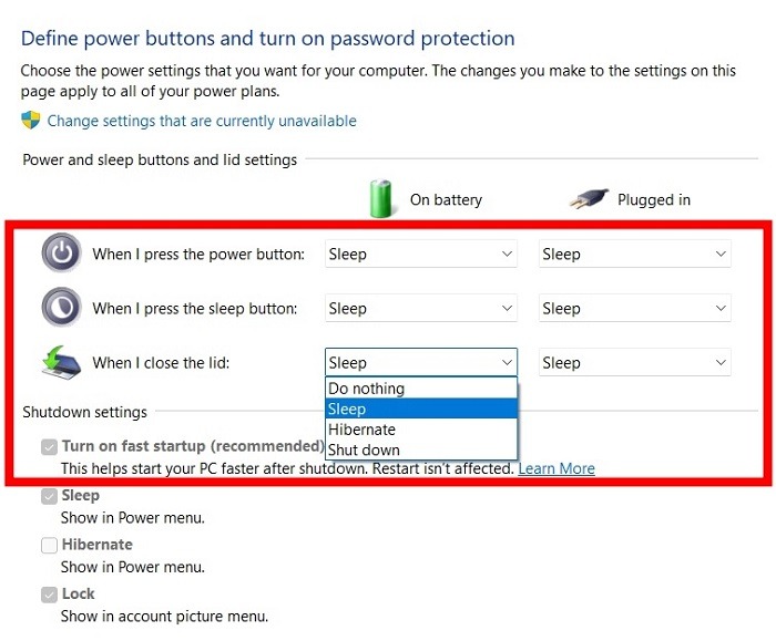 Opciones de configuración de energía de Windows