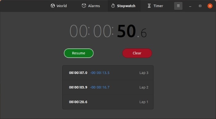 Comprobar el tiempo con los relojes Gnome Cronómetro Reanudar Borrar