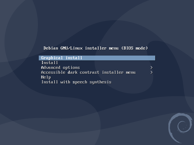 Pantalla de inicio de instalación de Debian