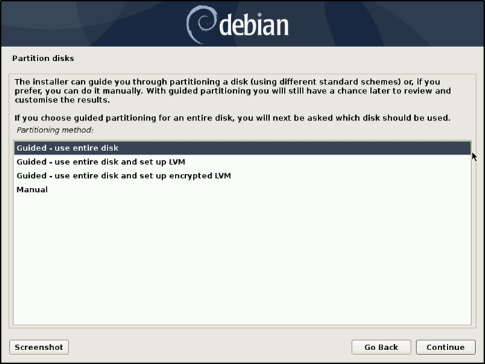 Disco de partición de instalación de Debian guiado