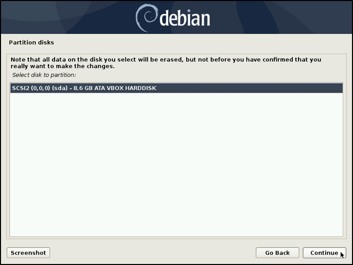 Disco de selección de partición de instalación de Debian