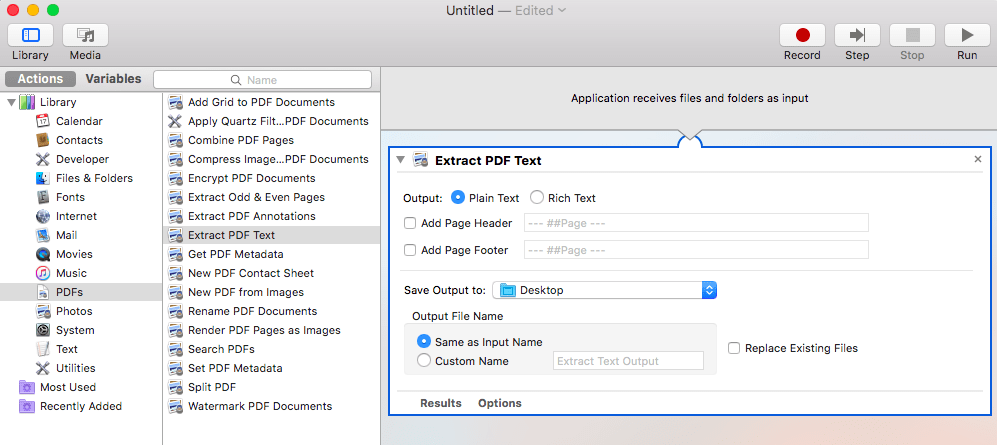 Arrastre y suelte la acción de PDF en el área del editor de Automator.