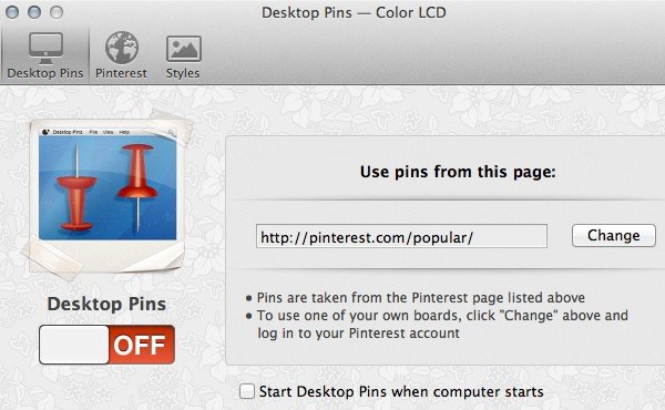 Desktop Pins para la ventana de configuración de Mac.