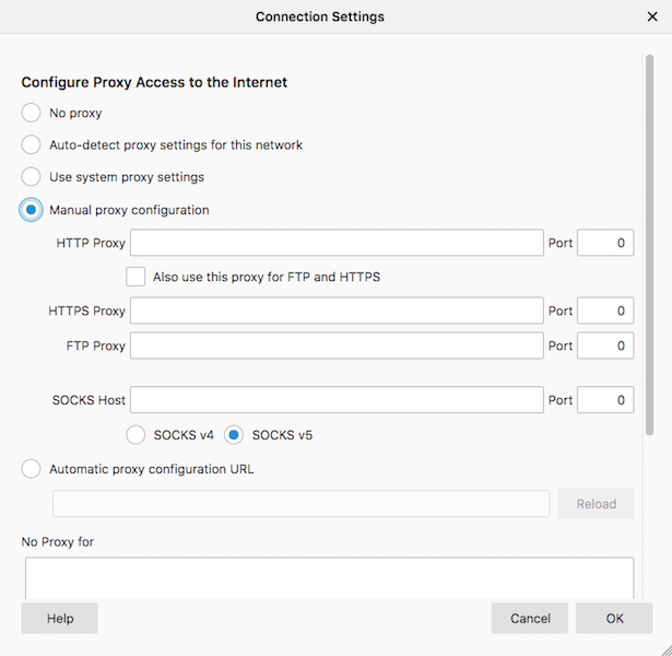 Abre Mozilla "Configuración de conexión" y seleccione "Configuración de proxy manual."