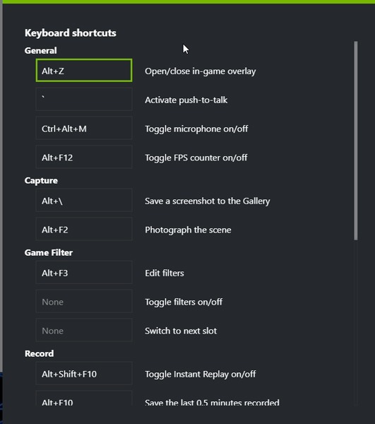 Atajos de teclado de Nvidia Share Shadowplay