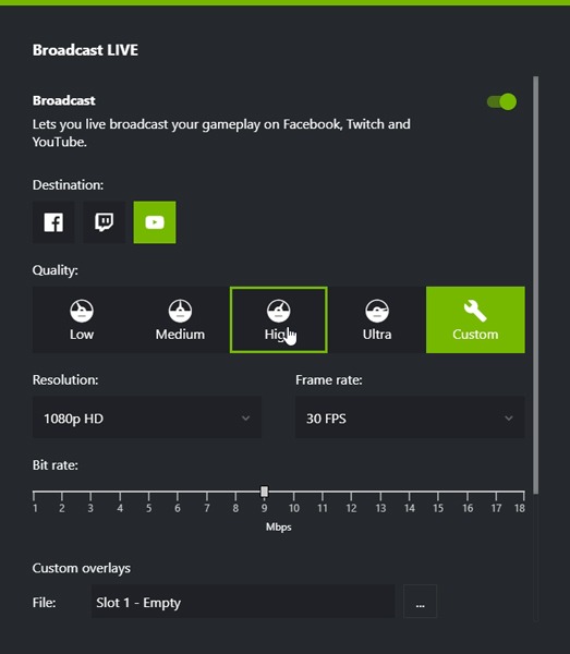 Configuración de transmisión de Nvidia Share Shadowplay