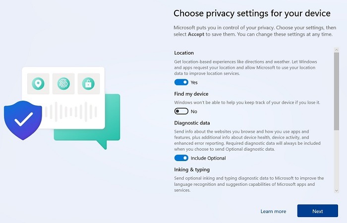 Win11 sin la configuración de privacidad de la cuenta de Microsoft