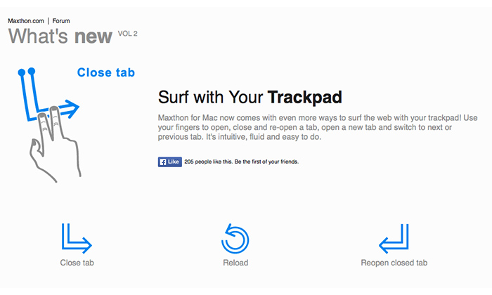 Gestos especiales del trackpad de Maxthon en Mac.