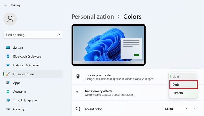 Modo oscuro Windows Windows11 Elija su modo oscuro