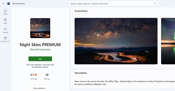 Modo oscuro Windows Windows11 Microsoft Store Temas Night Skies Premium