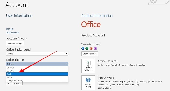 Modo oscuro Cuenta de Windows Word Tema negro Seleccionar