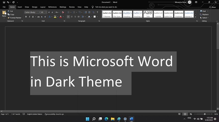 Modo oscuro Windows Windows11 Palabra en tema oscuro