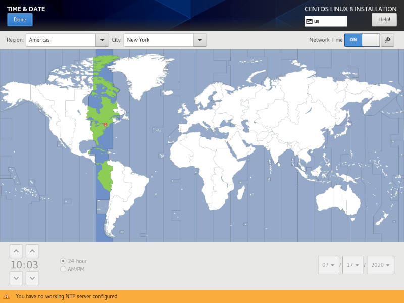 Anaconda Centos Zona horaria Ntp