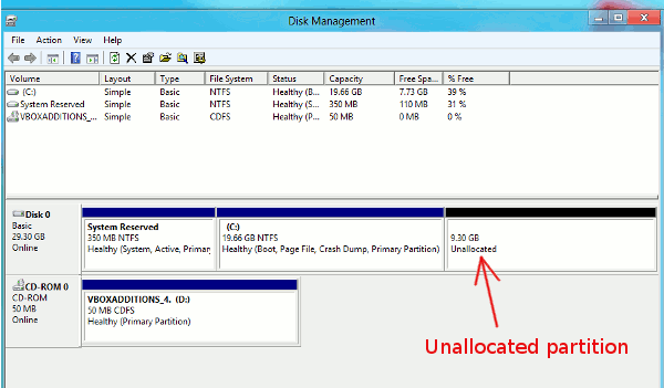 vbox-win8-partición no asignada