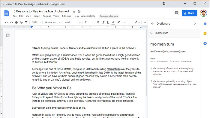 Cómo buscar definiciones de palabras Windows 10 Google Docs