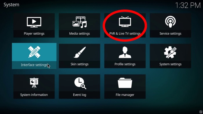 Menú del sistema de control parental de Kodi