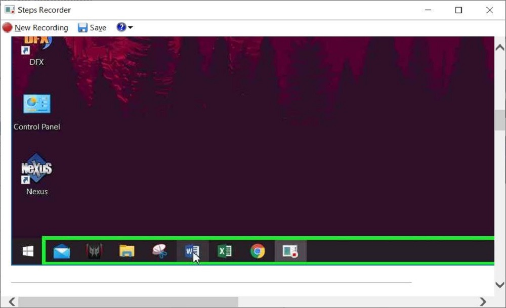 Captura de pantalla de Steps Recorder con el cursor del mouse Windows