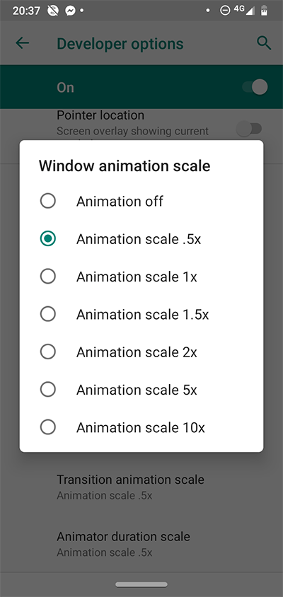 Escala de animación de opciones de desarrollador de Android