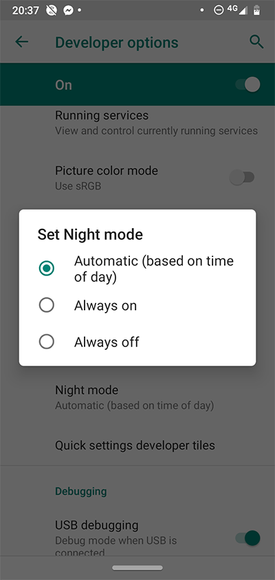 Opciones de desarrollador de Android Modo nocturno