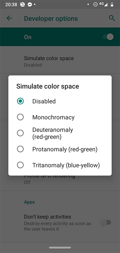 Opciones de desarrollador de Android Simular espacio de color