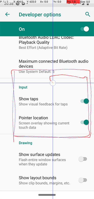 Opciones de desarrollador de Android Mostrar toque