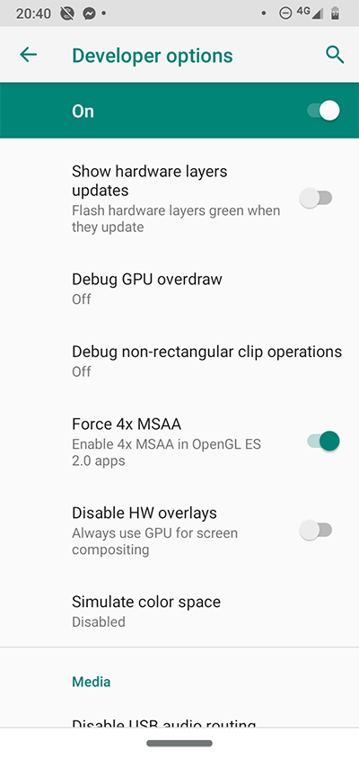 Opciones de desarrollador de Android 4x Msaa