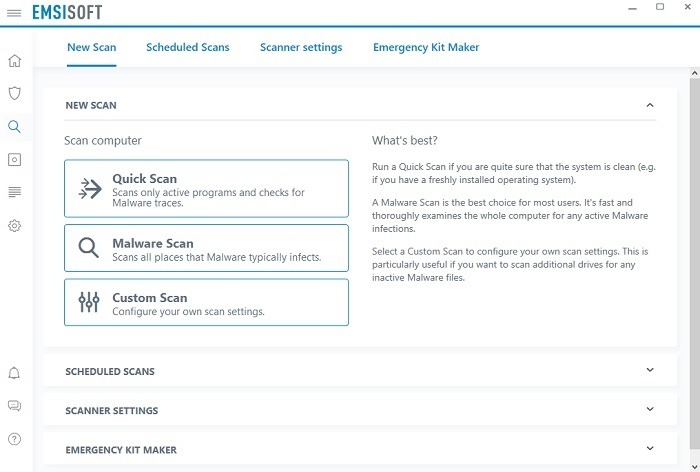 Opciones de escaneo de revisión de Emsisoft