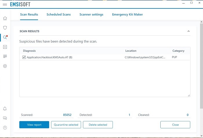 Emsisoft revisa los resultados del escaneo rápido