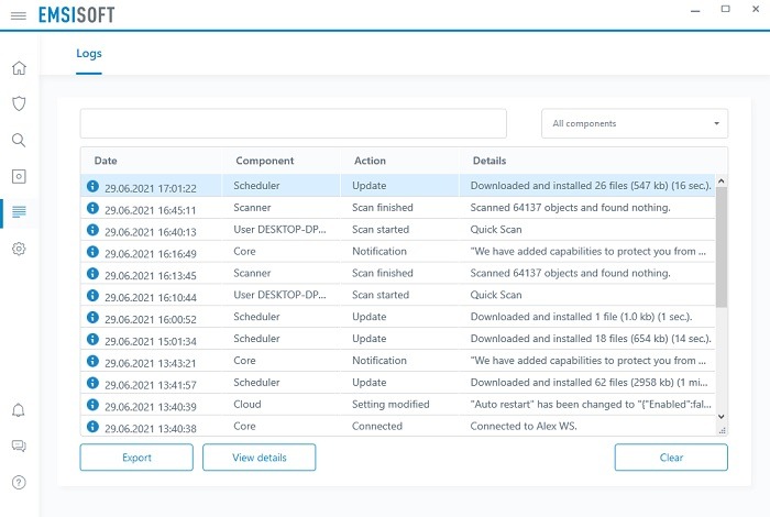 Vista de registros de revisión de Emsisoft