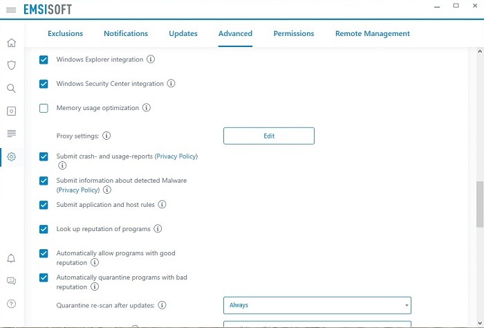 Configuración avanzada de revisión de Emsisoft