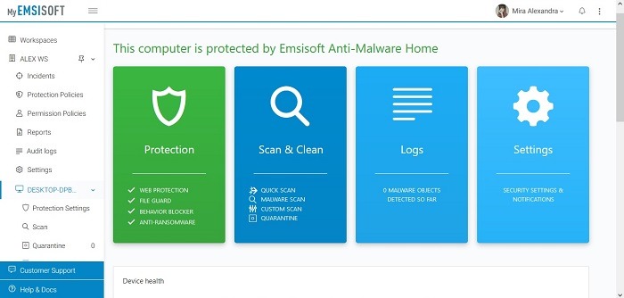 Emsisoft Revisar el estado del dispositivo protegido de Myemsisoft